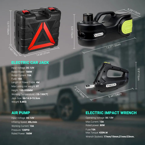 5T 12V Electric Car Jack Kit With Double Cylinder Air Pump And LCD Touch Screen details and features shown.