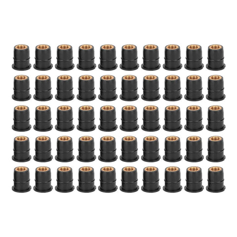 Rock Solid Rubber Well Nuts For Street Bikes And Atvs M6x0.8mm Thread 50 Piece hardware with brass core and rubber for vibration damping.