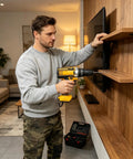 Man using 21V Cordless Drill And Screwdriver Combo Offers Beast Mode Power For Serious Homeowners with variable speed on wall shelves.