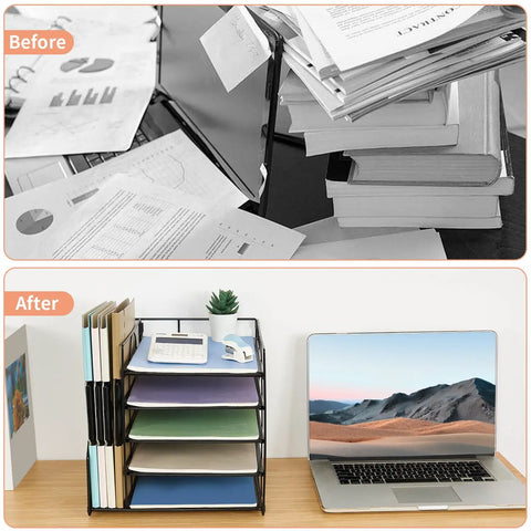 Before and after showing Five Tier Desk Organizer With Letter Trays And File Holder Space Saving Desktop Organizer in use