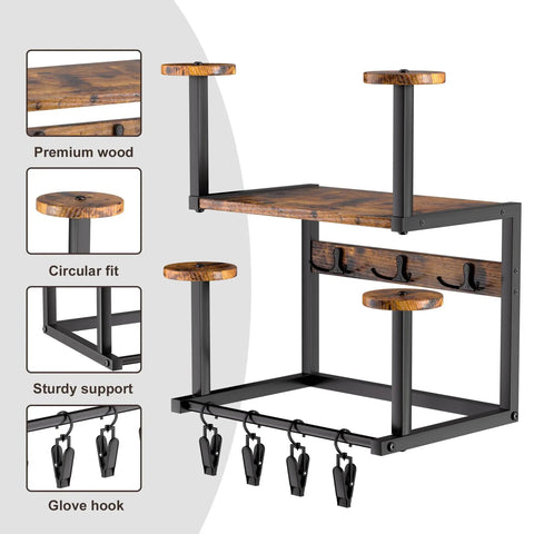 Hella Sturdy Wooden Wall Mount Helmet Rack Featuring Four Deep Cradles For Motorcycles Dirt Bikes Ski Gear And Bucket Hats, showcasing sturdy black frame and natural wood shelves.