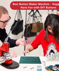 Top Tier Button Maker Machine For Making Dope Badges Slick Badge Press Kit with red frame, buttons in use by two people.