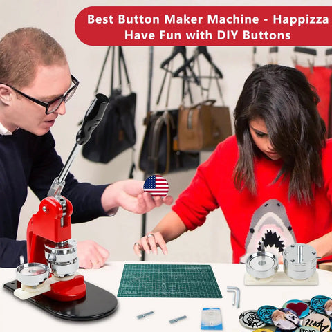 Top Tier Button Maker Machine For Making Dope Badges Slick Badge Press Kit with red frame, buttons in use by two people.