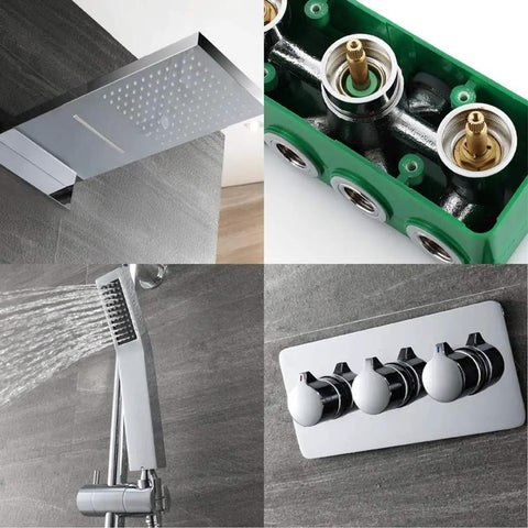 Heavy Hitter Full Copper Concealed Shower Kit With Four Function Waterfall Wall Mounted Top Spray And Pressurized Handheld Featuring Ceramic Valve, showcasing rainfall head and controls.