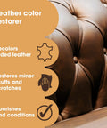 Leather Recoloring Balm Dark Brown Dye For Couches Furniture And Car Seats Scratch Remover And Fading Repair image with text details.