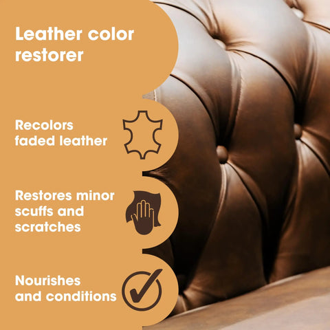 Leather Recoloring Balm Dark Brown Dye For Couches Furniture And Car Seats Scratch Remover And Fading Repair image with text details.