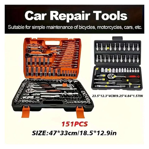 Premium 150 Piece Socket Ratchet Wrench Set With Sturdy Hanging Tray For Auto Repair And Household Fixes Badass Mechanics Gear Built Tough shown in orange and black cases.