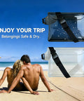 Two Pack Waterproof Phone Pouch With Adjustable Belt And Floating Design displayed on beach background