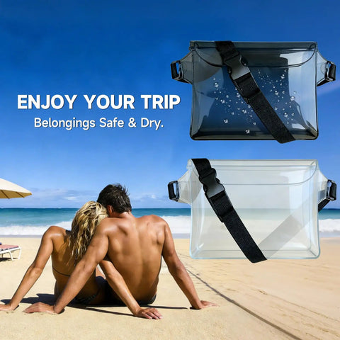 Two Pack Waterproof Phone Pouch With Adjustable Belt And Floating Design displayed on beach background