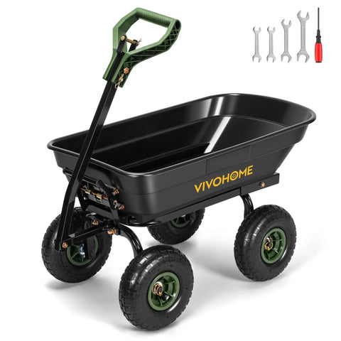 Heavy Duty Garden Cart with 4 Cu Ft Dump Wagon, 660 lb capacity, black with tools visible