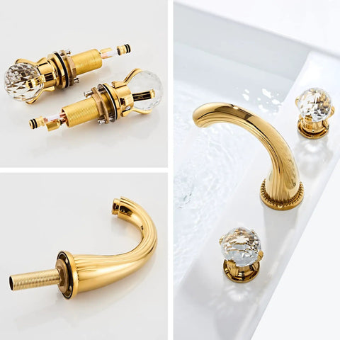 8 Inch Widespread Brass Bathroom Sink Faucet With Crystal Handles Deck Mounted Gold Ti PVD Finish No Drip Ceramic Cartridge Lead Free