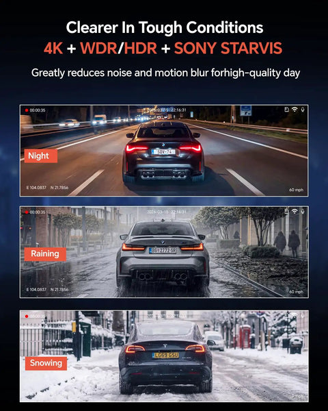 Crisp 4K Dual Dash Cam With Front And Rear Cameras, Starvis Sensor displays footage in night, rain, and snow conditions.