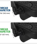 Close-up of dual size bike pedals with 9/16in and 1/2in spindle options, showing non-slip textured platform and thread diameter details.