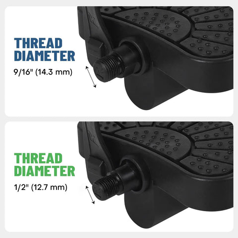 Close-up of dual size bike pedals with 9/16in and 1/2in spindle options, showing non-slip textured platform and thread diameter details.