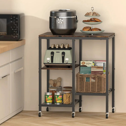 Go To Rolling Kitchen Cart With Wheels 4 Tier Baker Rack Microwave Stand And Coffee Bar Table with toaster and air fryer in kitchen