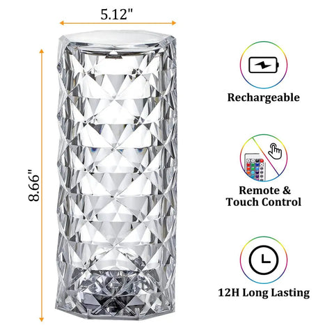 Crystal Diamond Night Light Lamp With 16 RGB Colors And 4 Modes, Touch And Remote Control Bedside Table Lamp dimensions.