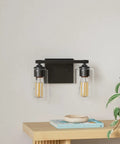 Farmhouse Vanity Light Two Light Fixture With Clear Glass Shades, Sleek Matte Black Wall Mount For Bathroom Kitchen Restroom