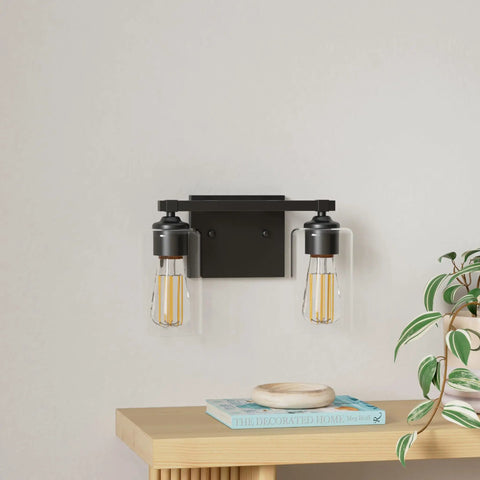 Farmhouse Vanity Light Two Light Fixture With Clear Glass Shades, Sleek Matte Black Wall Mount For Bathroom Kitchen Restroom