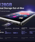 5 Inch Touchscreen MP3 Player With 128GB Real Storage showing extended memory slot, Android 13 interface, WiFi connectivity features.