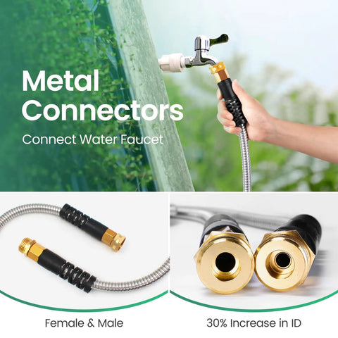 Stainless Steel Garden Hose With Metal Leader, 3 Ft Long, Heavy Duty Lightweight Water Pipe, brass metal connectors