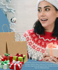 Woman in Christmas sweater with kraft paper bags and wrapped gifts