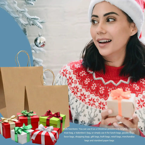 Woman in Christmas sweater with kraft paper bags and wrapped gifts