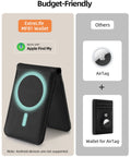 Dope MagSafe Wallet With Money Clip And Find My Tracking For IPhone 12 Through 17 Eight Card Slots RFID Blocking Rechargeable Stand Carbon Fiber Black showing Apple Find My compatibility icon.