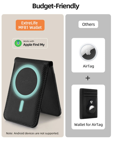 Dope MagSafe Wallet With Money Clip And Find My Tracking For IPhone 12 Through 17 Eight Card Slots RFID Blocking Rechargeable Stand Carbon Fiber Black showing Apple Find My compatibility icon.