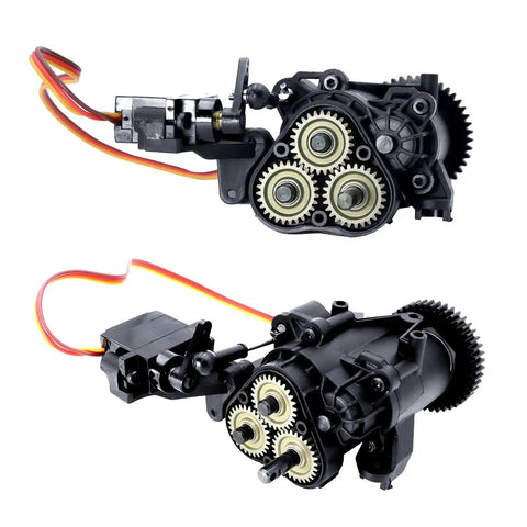 Dual Speed RC Gearbox With Servo And Internal Gears for 1 to 10 RC Crawler Upgrade Parts TRX4 TRX6, metal gears, plastic housing.
