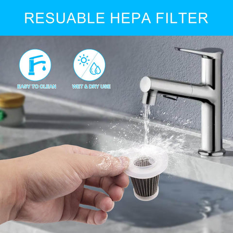 Reusable HEPA filter being washed under a sink tap, demonstrating cleaning ease for Cordless Handheld Vacuum With 21000Pa Powerful Suction.