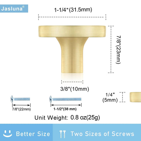 Round Gold Cabinet Knobs Set Of Twelve, One And A Quarter Inch Pearl Bead Drawer Pulls In Brushed Brass side view with dimensions