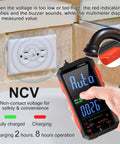 Person using Workhorse USB C Rechargeable True RMS Multimeter With 6000 Counts near electrical outlet, displaying NCV mode.