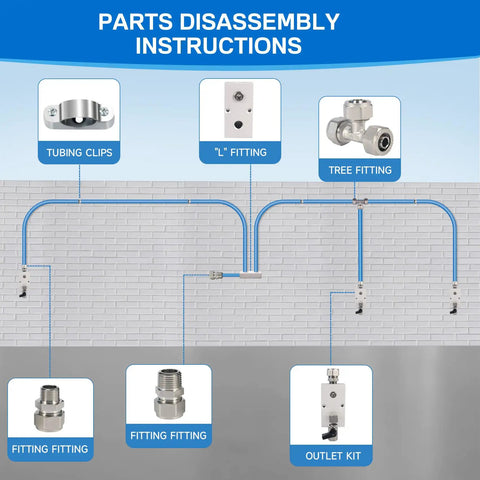 Shop Air Line Kit 100 Ft 1/2 Inch For Garage Rapid Air System installation diagram with fittings, valves, and clips labeled