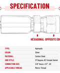 Diagram of 12 Pack Three Eighth Inch Hydraulic Hose Fittings With One Half Inch JIC 37 Degree Female Swivel End And Protection Cover Crimp Kit For Three Eighth Inch ID Hoses, showing specifications and hexagonal detail.