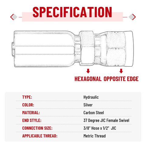 Diagram of 12 Pack Three Eighth Inch Hydraulic Hose Fittings With One Half Inch JIC 37 Degree Female Swivel End And Protection Cover Crimp Kit For Three Eighth Inch ID Hoses, showing specifications and hexagonal detail.