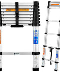 8.5 Foot Aluminum Telescoping Ladder With One Button Retraction shown folded and extended, featuring compact design and 330 lb capacity.