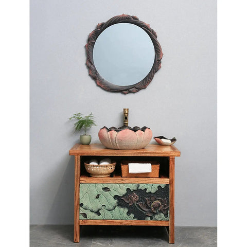 USZWBY Bathroom Vessel Sink Chinese-Style Creativity Bathroom Sink Above Counter Basin displaying a pink lotus design.