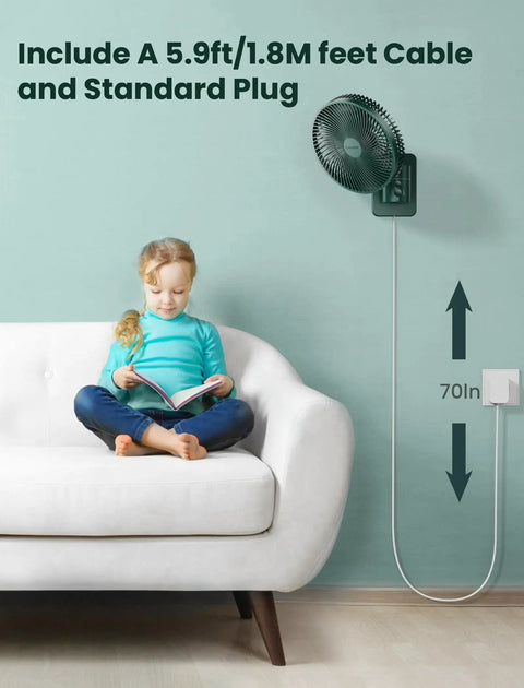 Wall Mounted Oscillating Fan With Remote And Timer For Home And RV Use, 8.5 Inch Compact Fan Installed Above Sofa with Child Reading