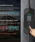 LCD screen on Tesla Level 2 Home EV Charger 40A 240V with adjustable current settings and delayed charging time display.