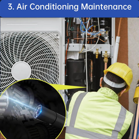 Handheld Endoscope Camera With 2.8 Inch IPS Display And Eight LEDs showing inspection of HVAC system for maintenance.