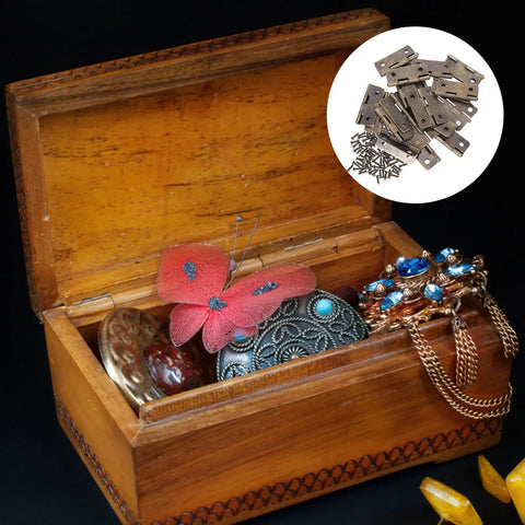 Open jewelry box with red butterfly and accessories, inset of 20 Piece Small Iron Folding Hinges For Bird Houses And Jewelry Boxes Rust Resistant And Fade Proof Mini Hinges With Matching Screws For DIY Projects Smooth Lid Closure.