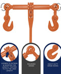 Heavy Duty Chain Binder With Swivel Hooks For Flatbed Tiedowns, Ratchet Load Binder For Trucks And Trailers, 9,200 Lbs Working Load Limit, Orange