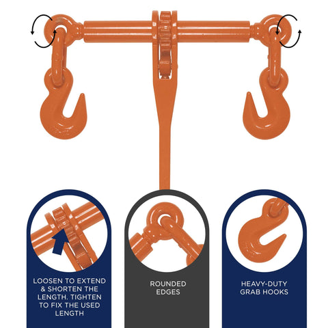 Heavy Duty Chain Binder With Swivel Hooks For Flatbed Tiedowns, Ratchet Load Binder For Trucks And Trailers, 9,200 Lbs Working Load Limit, Orange