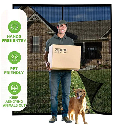 Heavy Duty 8x7 Foot Garage Screen Door With Magnetic Closure, man holding box and dog, self-sealing fiberglass mesh, black