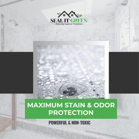 Go-To Pro-Grade Grout Sealer Heavy Duty For Indoor Outdoor Use, non-toxic VOC free, displayed with water beads on surface