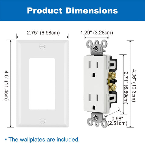 Dimensions of Thirty Pack 15 Amp Decorator Receptacle Wall Outlets 125V 1875W Non Tamper Resistant White With Wall Plate UL Listed