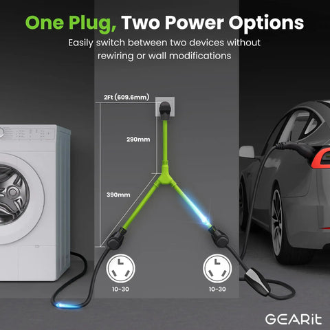 Y Splitter Dryer Cord 30 Amp NEMA 10 30P to Two NEMA 10 30R Receptacles connected to dryer and EV charger
