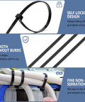 8 Inch Heavy Duty Zip Ties 200 Pack Black Nylon Cable Ties With 50 Lbs Strength Industrial Grade Wire Wraps For Garage And Workshop Built To Take A Beating Heat And Cold Resistant Durable Fixes For Cables Tools And Projects shown in use on cables and pipes, highlighting self-locking design, smooth edges, and non-slip serrations.