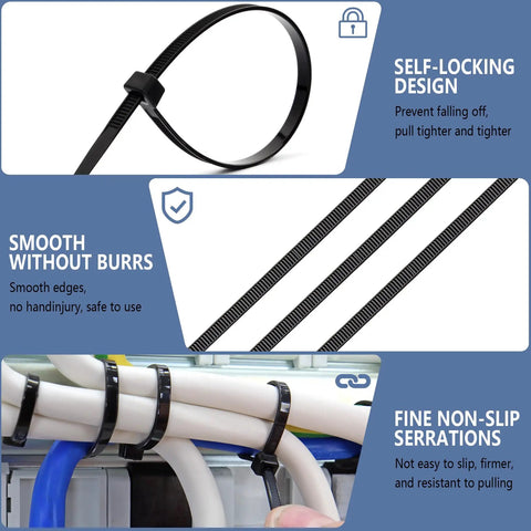 8 Inch Heavy Duty Zip Ties 200 Pack Black Nylon Cable Ties With 50 Lbs Strength Industrial Grade Wire Wraps For Garage And Workshop Built To Take A Beating Heat And Cold Resistant Durable Fixes For Cables Tools And Projects shown in use on cables and pipes, highlighting self-locking design, smooth edges, and non-slip serrations.