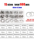 Pro Grade Ultrathin Flat Washer Set M3 To M20 600 Pieces 0.2mm Stainless Steel 304 A2-70 Shim Gasket Kit Box For Precise Load Distribution, Corrosion Resistance, Indoor Outdoor Use, Durable Hardware Spacers. 600-piece stainless steel washer set in labeled organizer